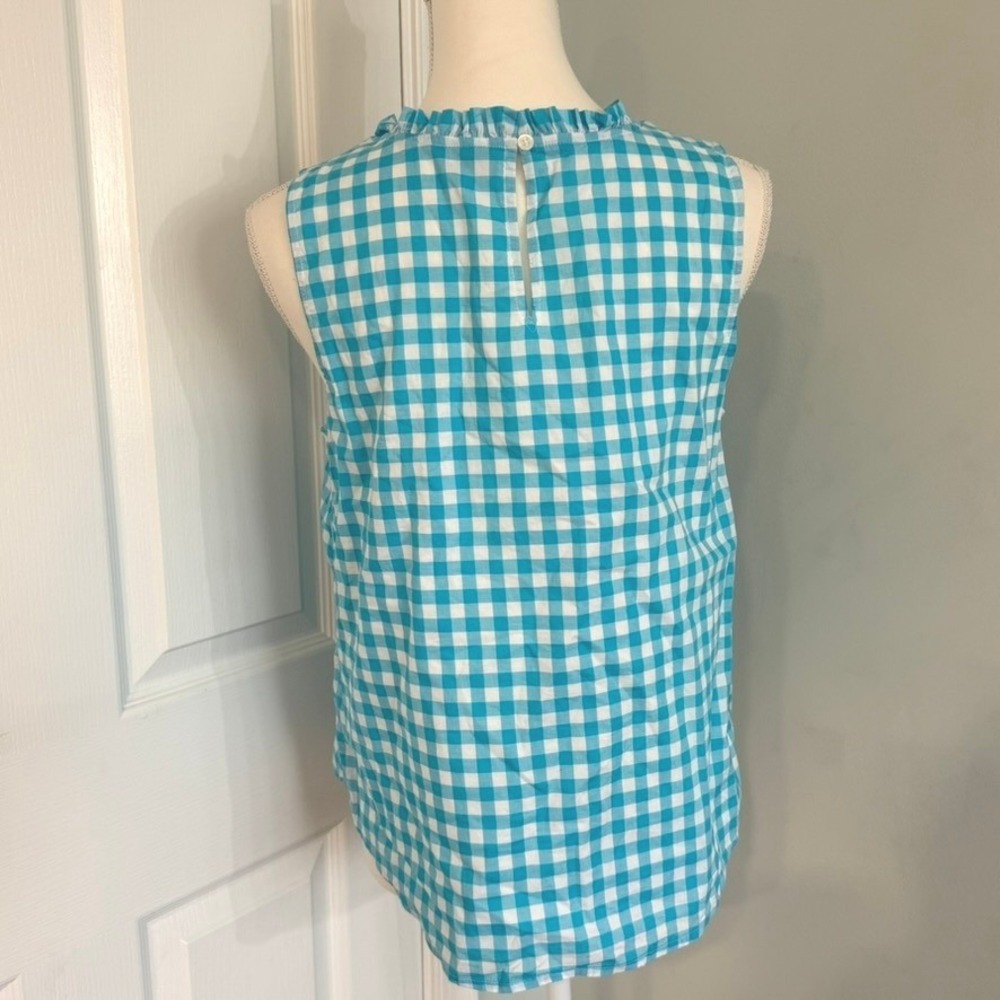 J. Crew Factory Women's Ruffle Neck Gingham Sleeveless Blouse Teal White Size S - Picture 2 of 11